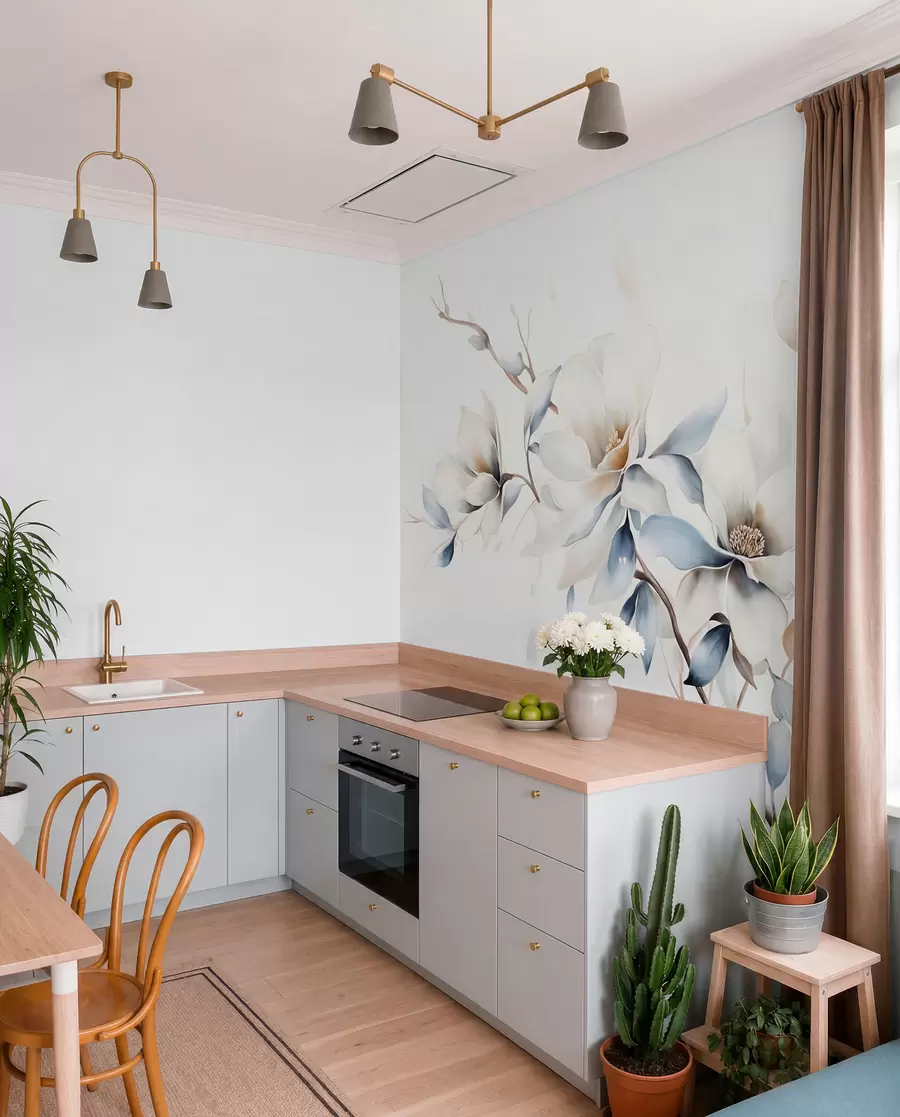 Fototapet Delikata vita magnoliablommor med mjuka blå kronblad mot en ljus bakgrund akvarellimitation minimalism  w08644