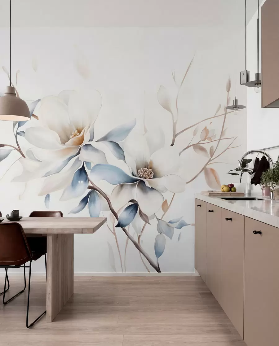 Fototapet Delikata vita magnoliablommor med mjuka blå kronblad mot en ljus bakgrund akvarellimitation minimalism  w08644