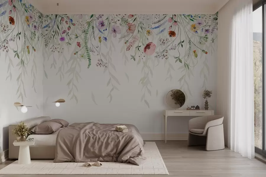Fototapet Ett färgglatt blommönster som faller ner med olika blommor, blad och växter i akvarellstil   w08646