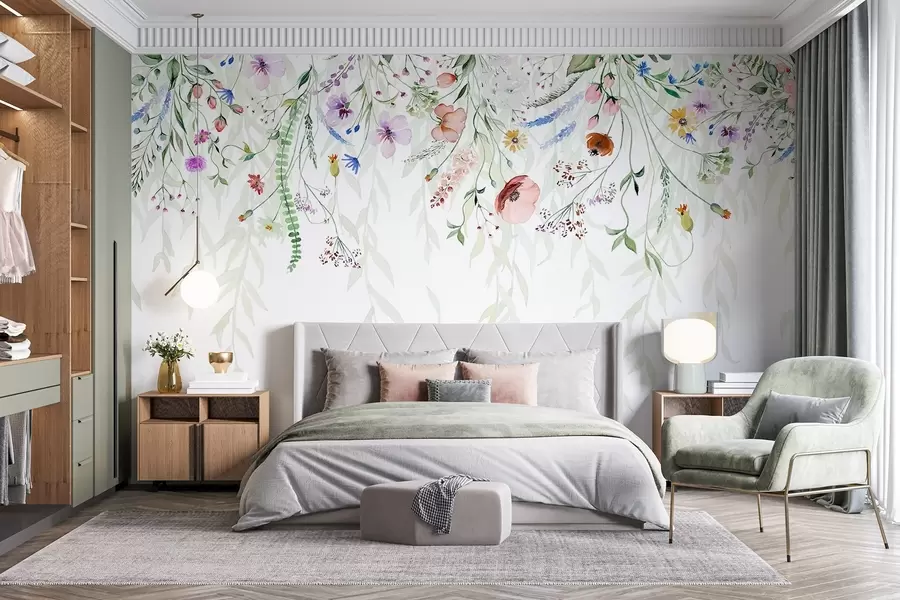 Fototapet Ett färgglatt blommönster som faller ner med olika blommor, blad och växter i akvarellstil   w08646