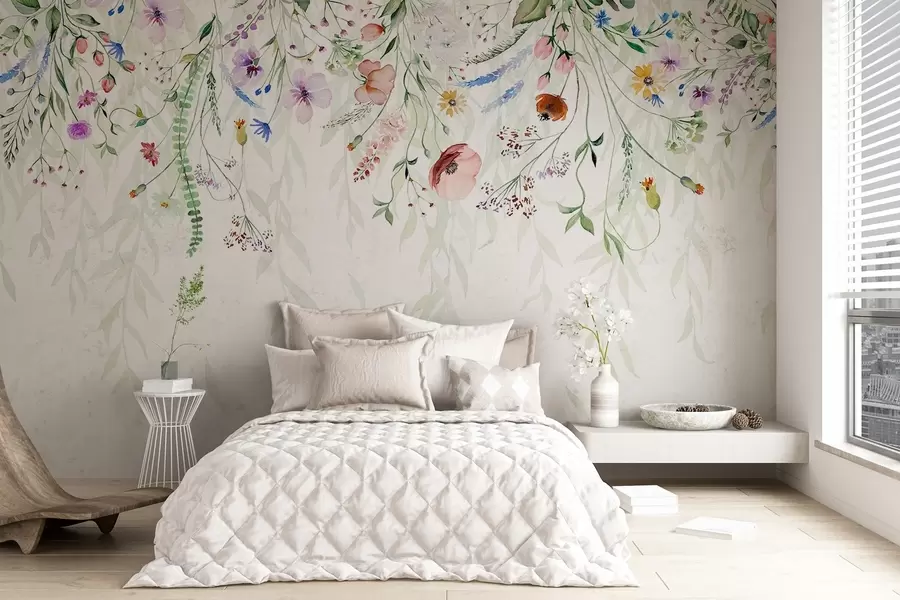 Fototapet Ett färgglatt blommönster som faller ner med olika blommor, blad och växter i akvarellstil   w08646