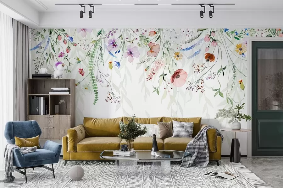Fototapet Ett färgglatt blommönster som faller ner med olika blommor, blad och växter i akvarellstil   w08646