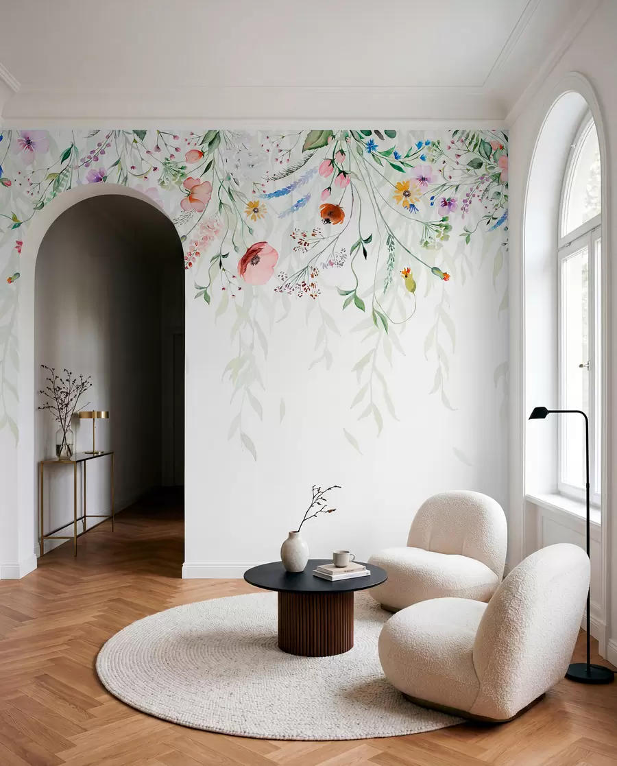 Fototapet Ett färgglatt blommönster som faller ner med olika blommor, blad och växter i akvarellstil   w08646