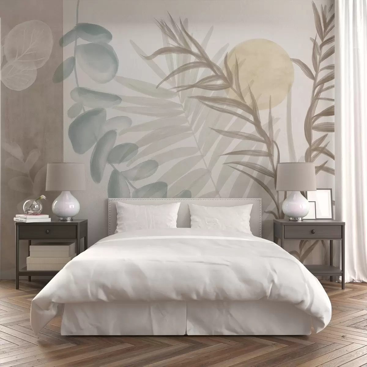 Fototapet Ett minimalistiskt abstrakt tryck med stiliserade blad och eucaliptus med mjuka, beige organiska former i dämpade pastellfärger w08648