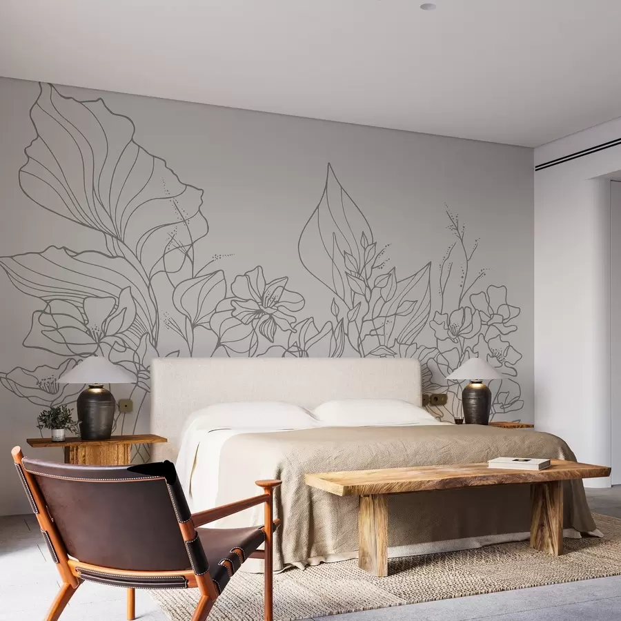 Fototapet Elegant blommig linjekonst på en ljusgrå bakgrund w02773v1