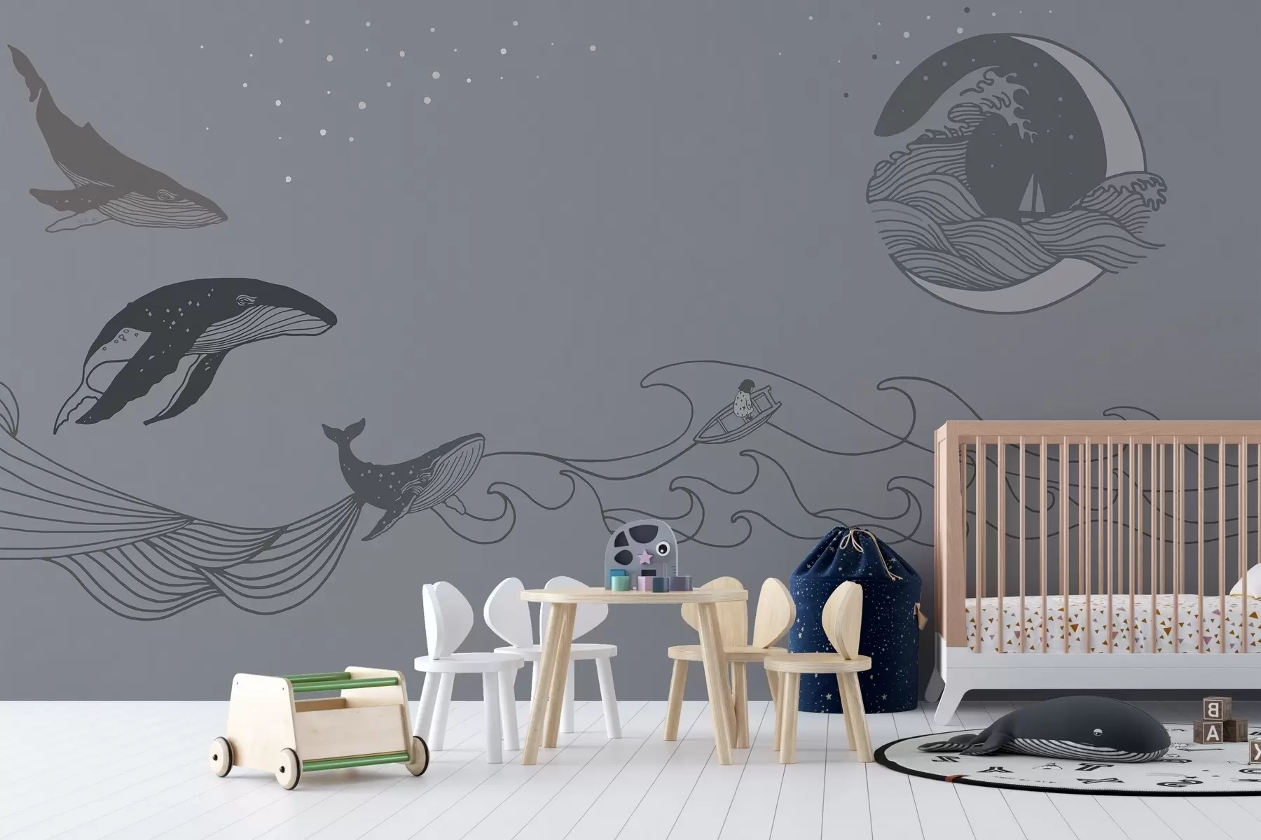 Fototapet Valar och vågor i minimalistisk linjekonst w02774v3