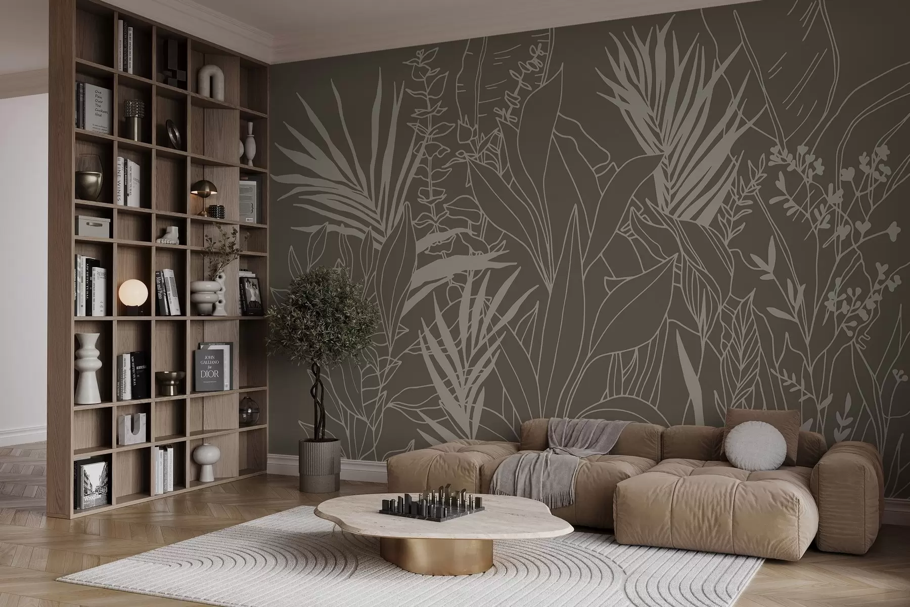 Fototapet Botanisk linjekonst på grön bakgrund w02775v1