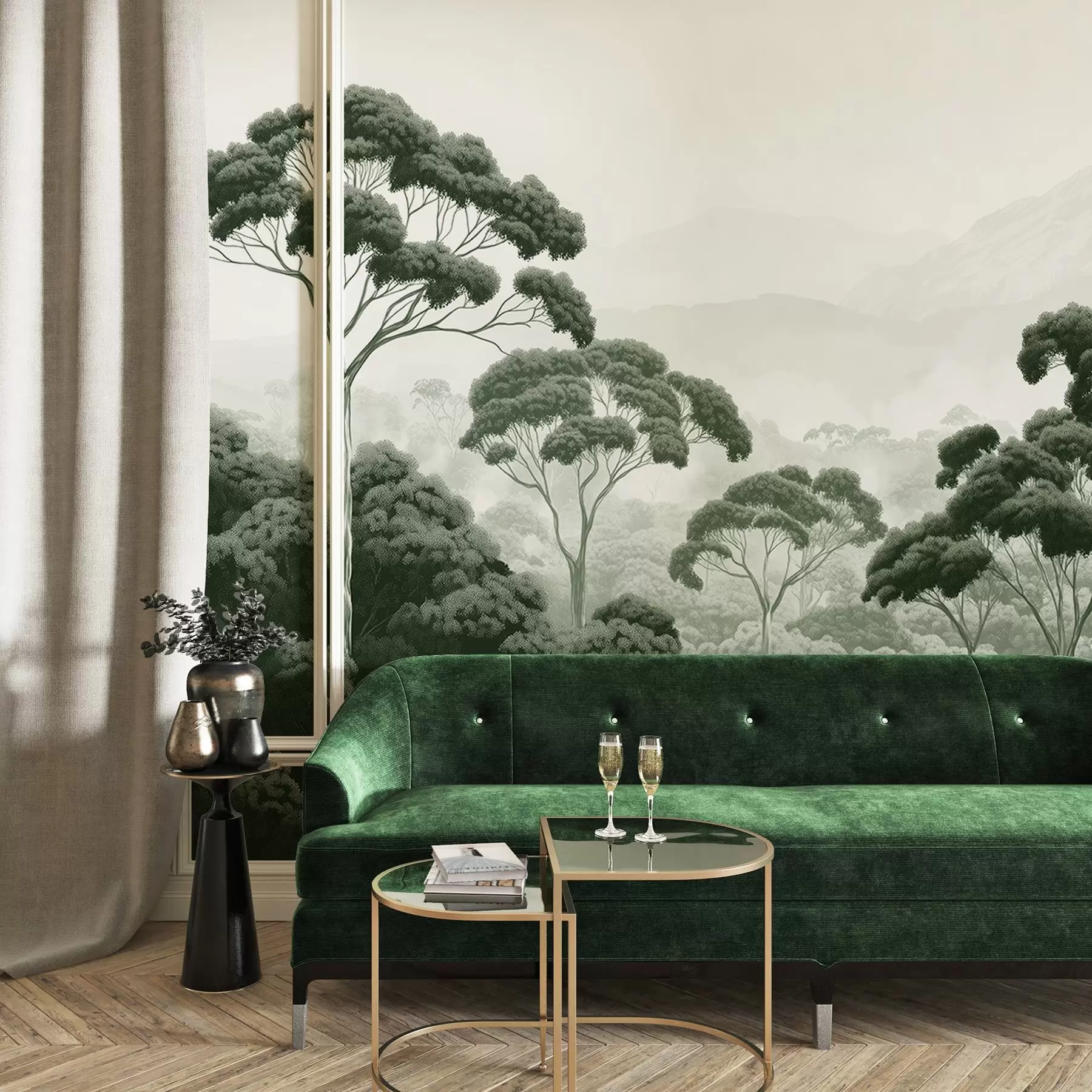 Fototapet Djungelskog, berg, tropisk, natur, stora träd, mörkgröna färger w02739v1