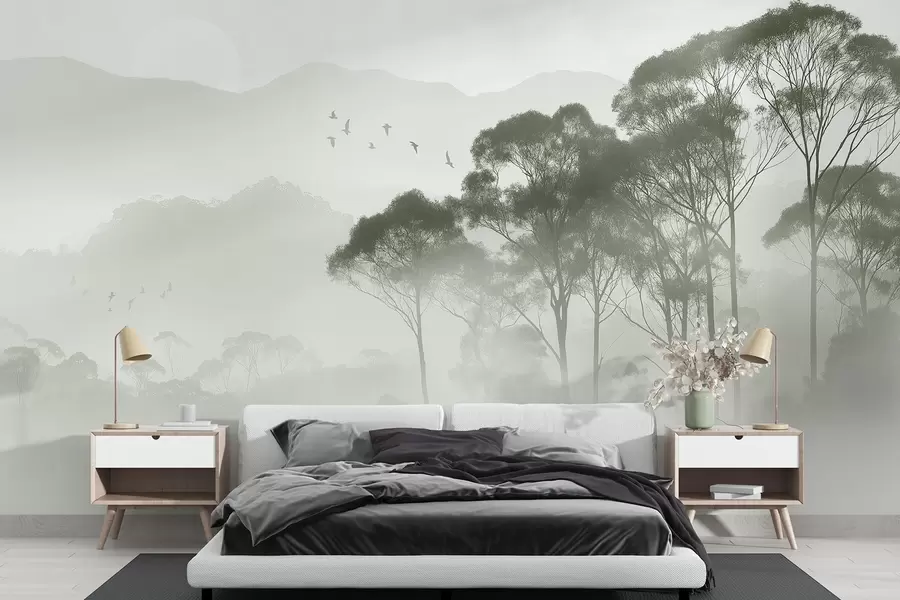 Fototapet Träd i dimman, naturlandskap, fåglar, sol, gröna färger w02740