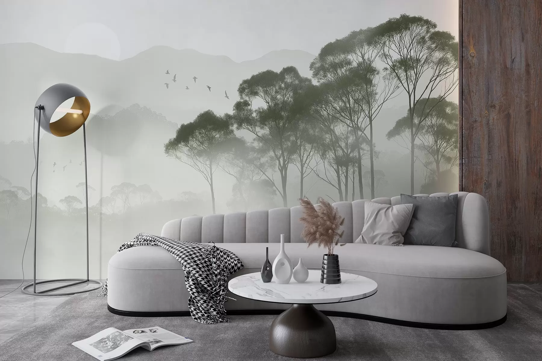 Fototapet Träd i dimman, naturlandskap, fåglar, sol, gröna färger w02740