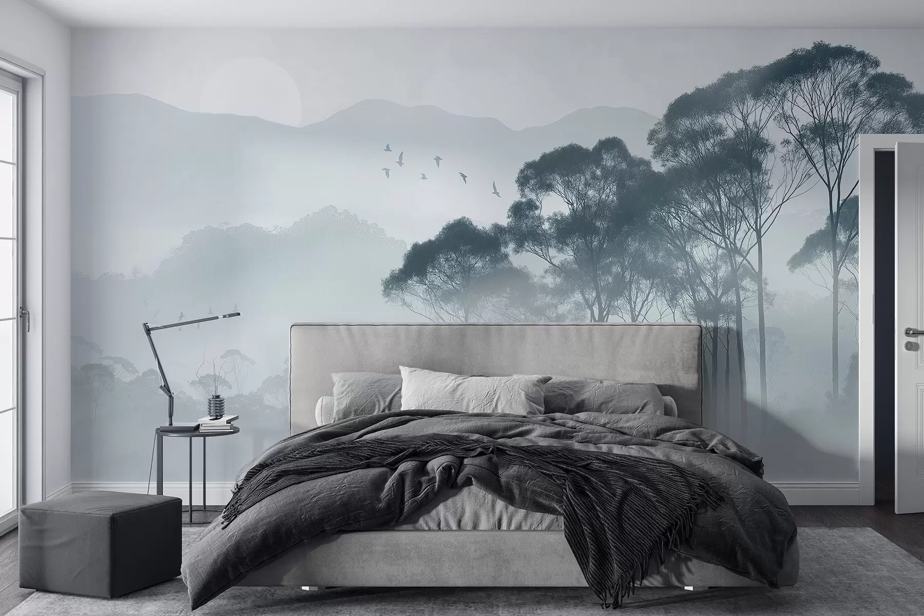 Fototapet Träd i dimma, naturlandskap, fåglar, sol, blå färger w02740v1