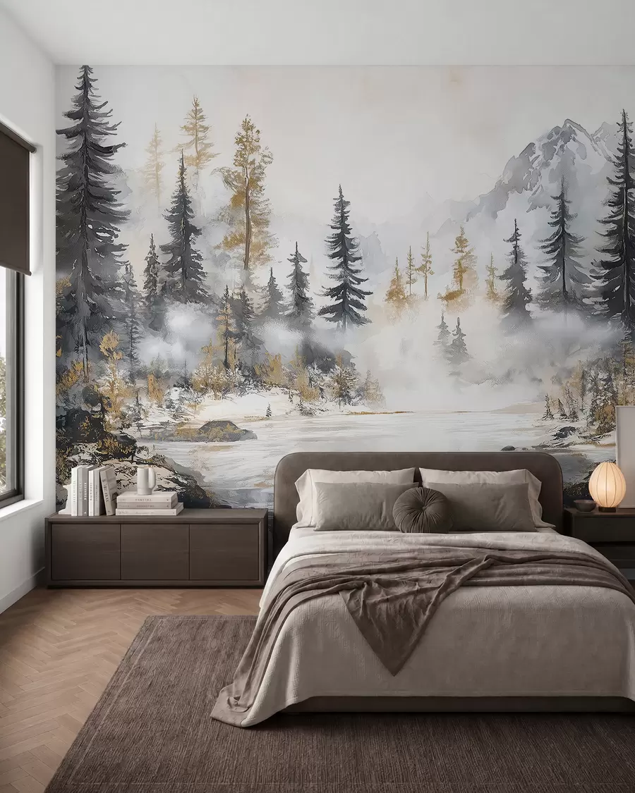 Fototapet Vinterlandskap med sjö och skog, berg, pastellfärgad stil darwing w02741