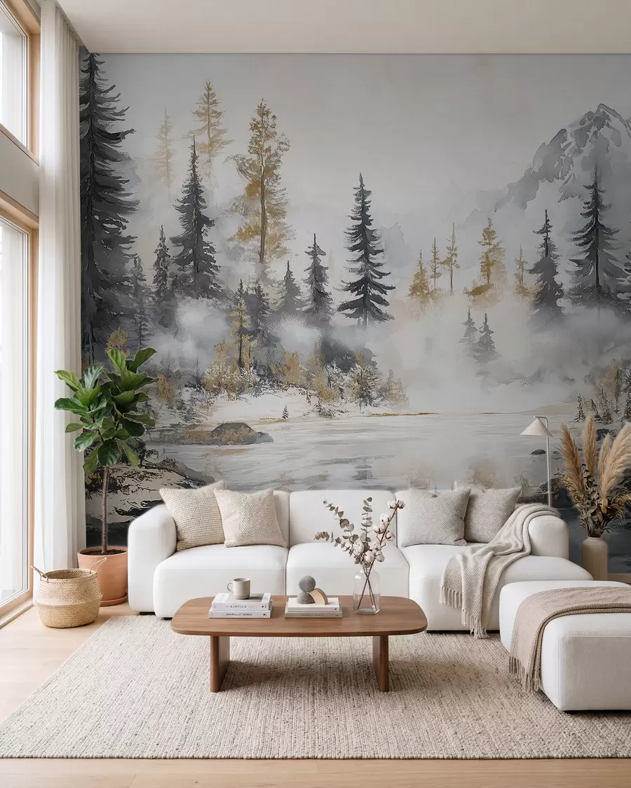 Fototapet Vinterlandskap med sjö och skog, berg, pastellfärgad stil darwing w02741