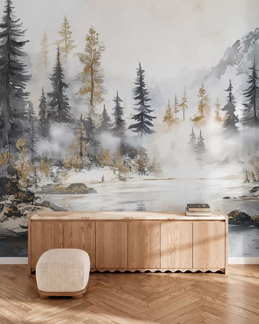 Fototapet Vinterlandskap med sjö och skog, berg, pastellfärgad stil darwing w02741