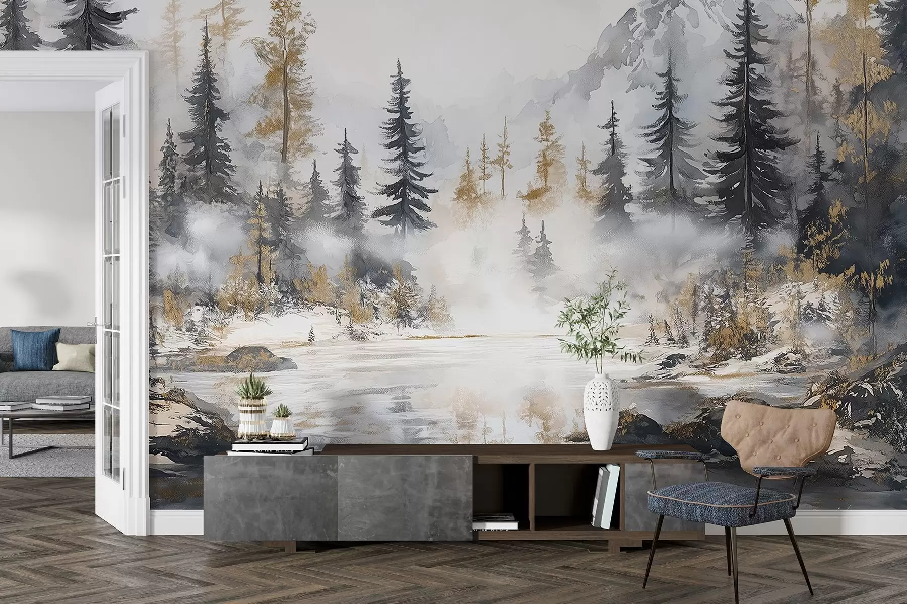 Fototapet Vinterlandskap med sjö och skog, berg, pastellfärgad stil darwing w02741