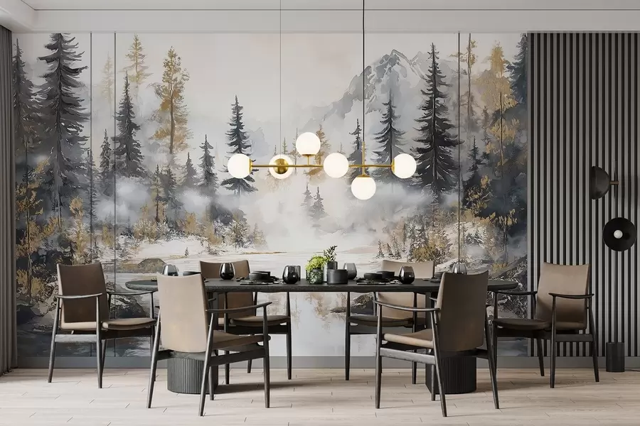 Fototapet Vinterlandskap med sjö och skog, berg, pastellfärgad stil darwing w02741