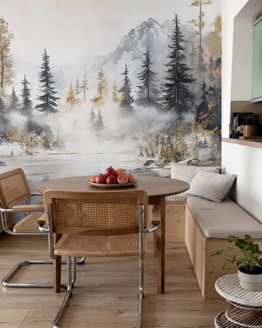 Fototapet Vinterlandskap med sjö och skog, berg, pastellfärgad stil darwing w02741