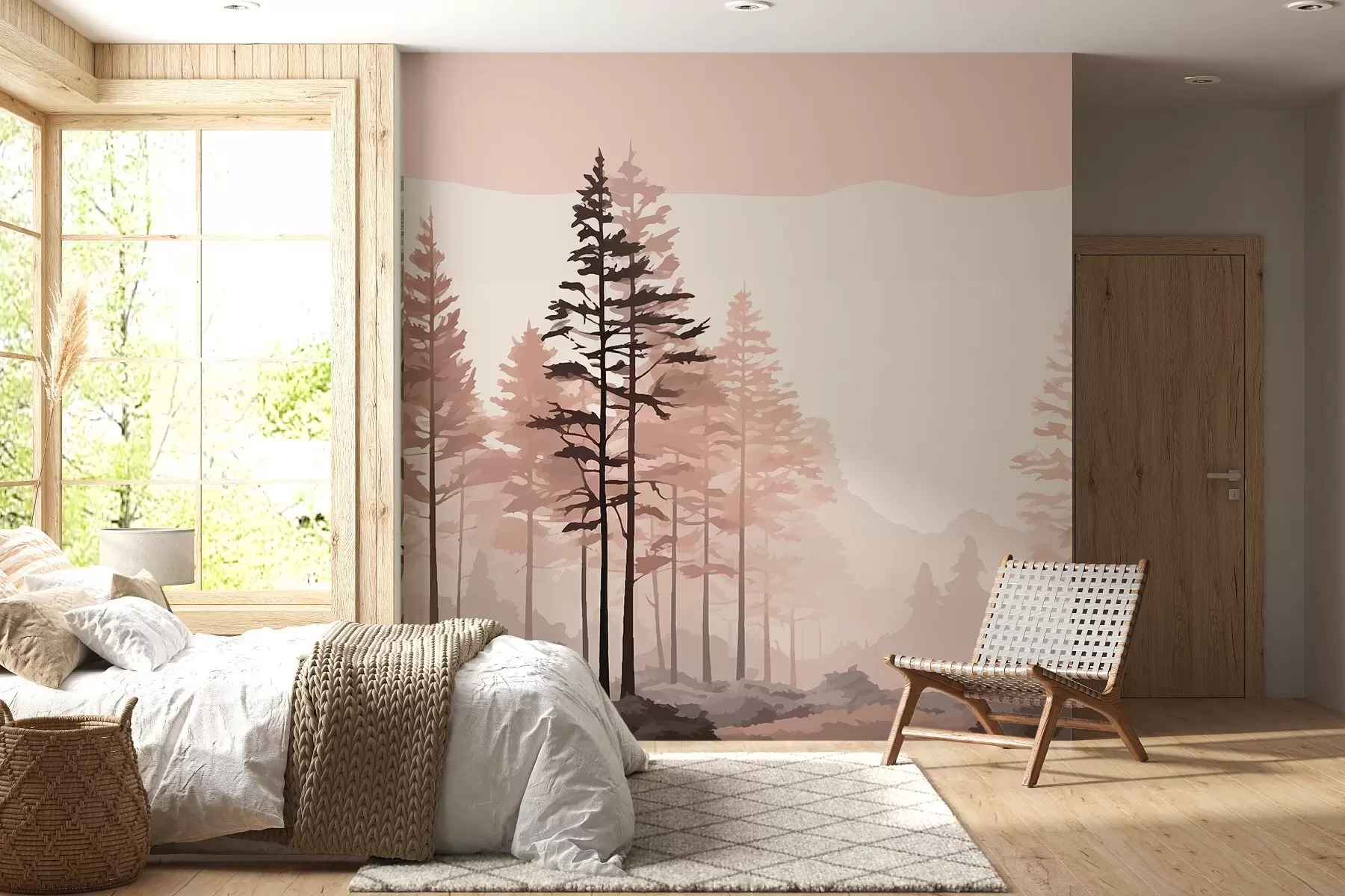 Fototapet Morgonlandskap i skog med höga tallar i varma rosa-bruna toner, lätt dimma som skapar en fridfull atmosfär w02853