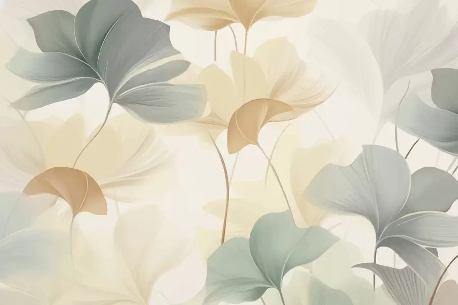 Fototapet Mönster av ginkgoblad i mjuka pastellfärger som blandar gröna, gula och gräddfärgade nyanser för att skapa en lätt och luftig känsla w02855