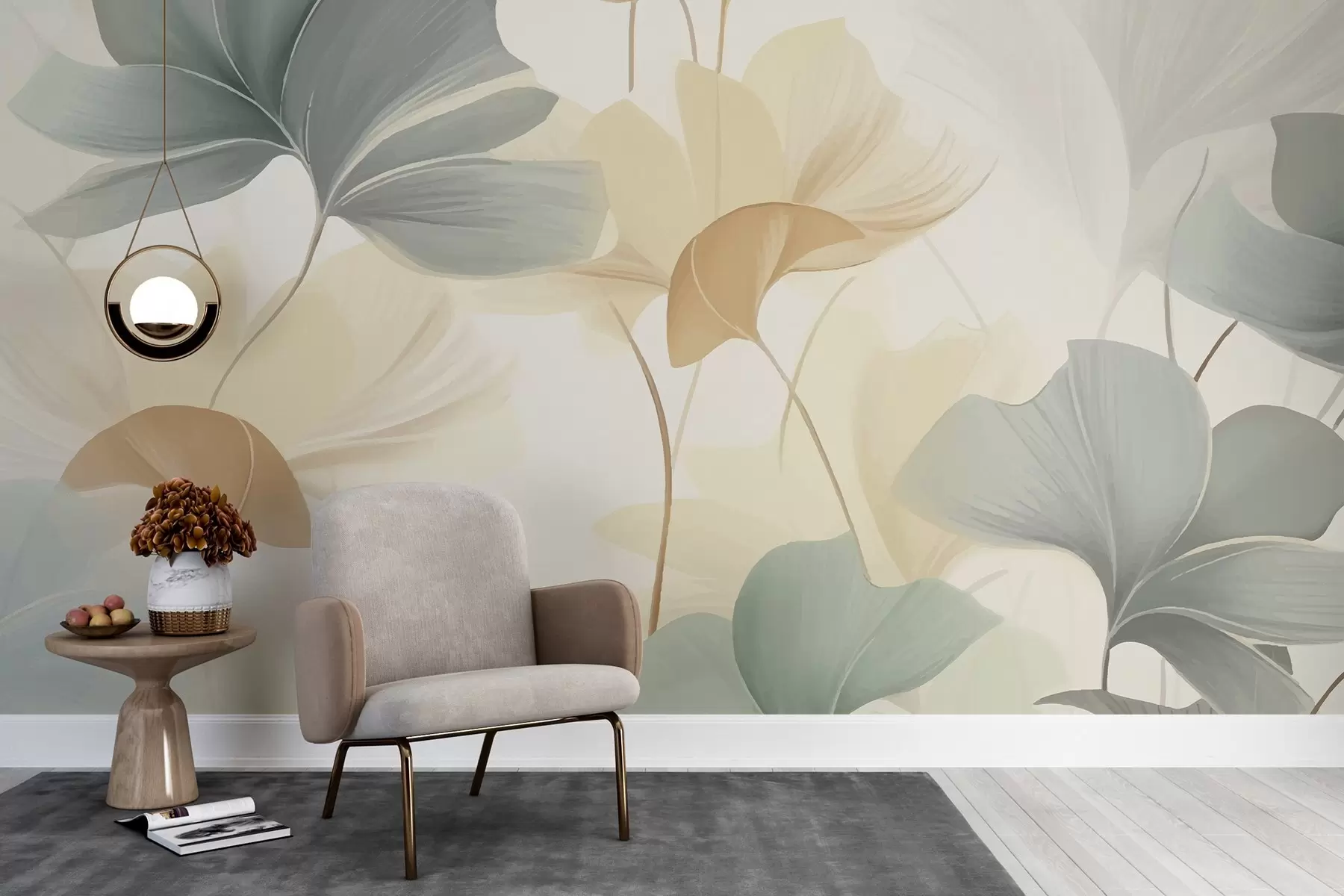 Fototapet Mönster av ginkgoblad i mjuka pastellfärger som blandar gröna, gula och gräddfärgade nyanser för att skapa en lätt och luftig känsla w02855