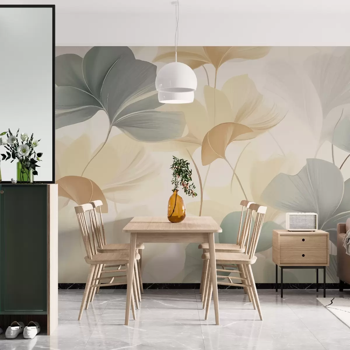 Fototapet Mönster av ginkgoblad i mjuka pastellfärger som blandar gröna, gula och gräddfärgade nyanser för att skapa en lätt och luftig känsla w02855