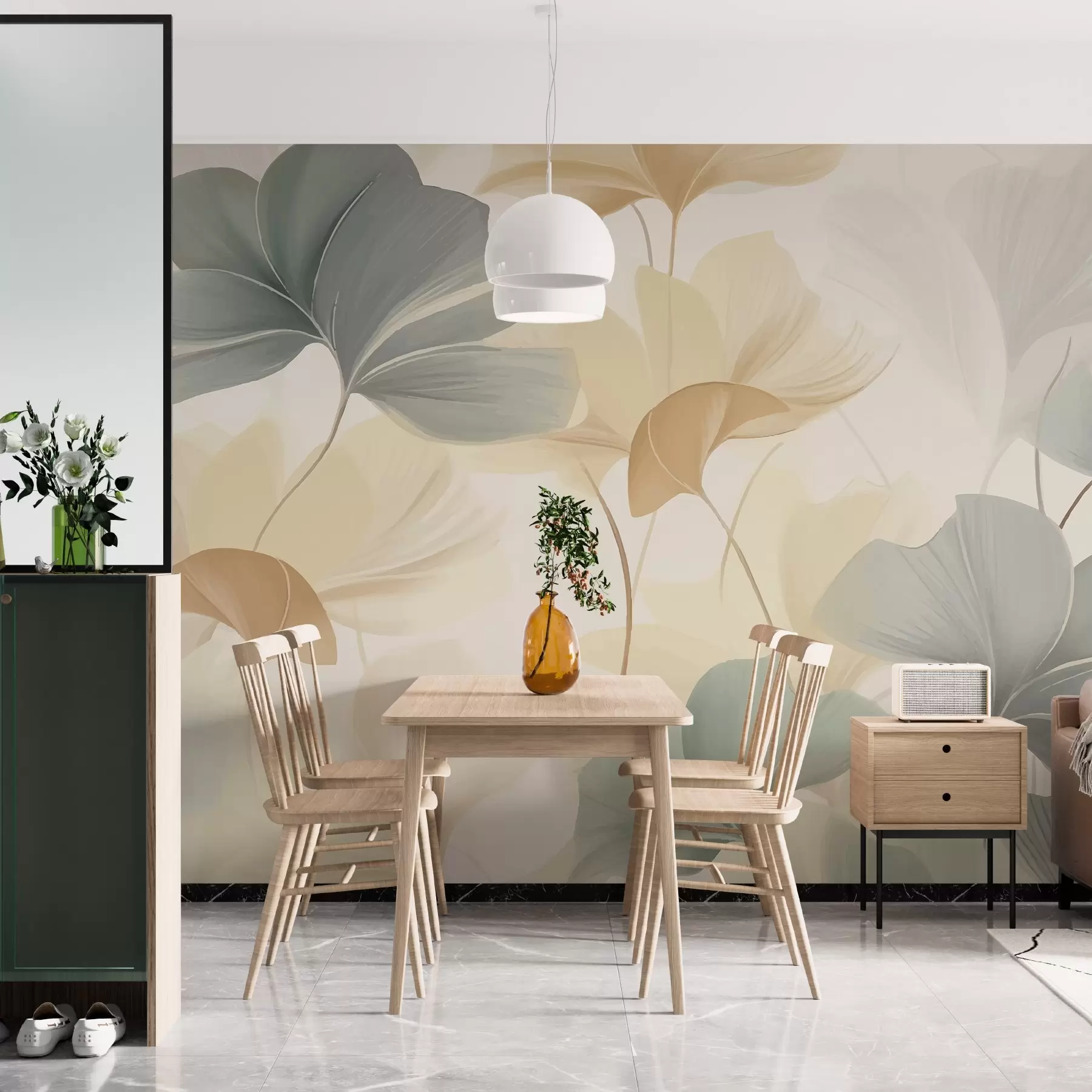 Fototapet Mönster av ginkgoblad i mjuka pastellfärger som blandar gröna, gula och gräddfärgade nyanser för att skapa en lätt och luftig känsla w02855