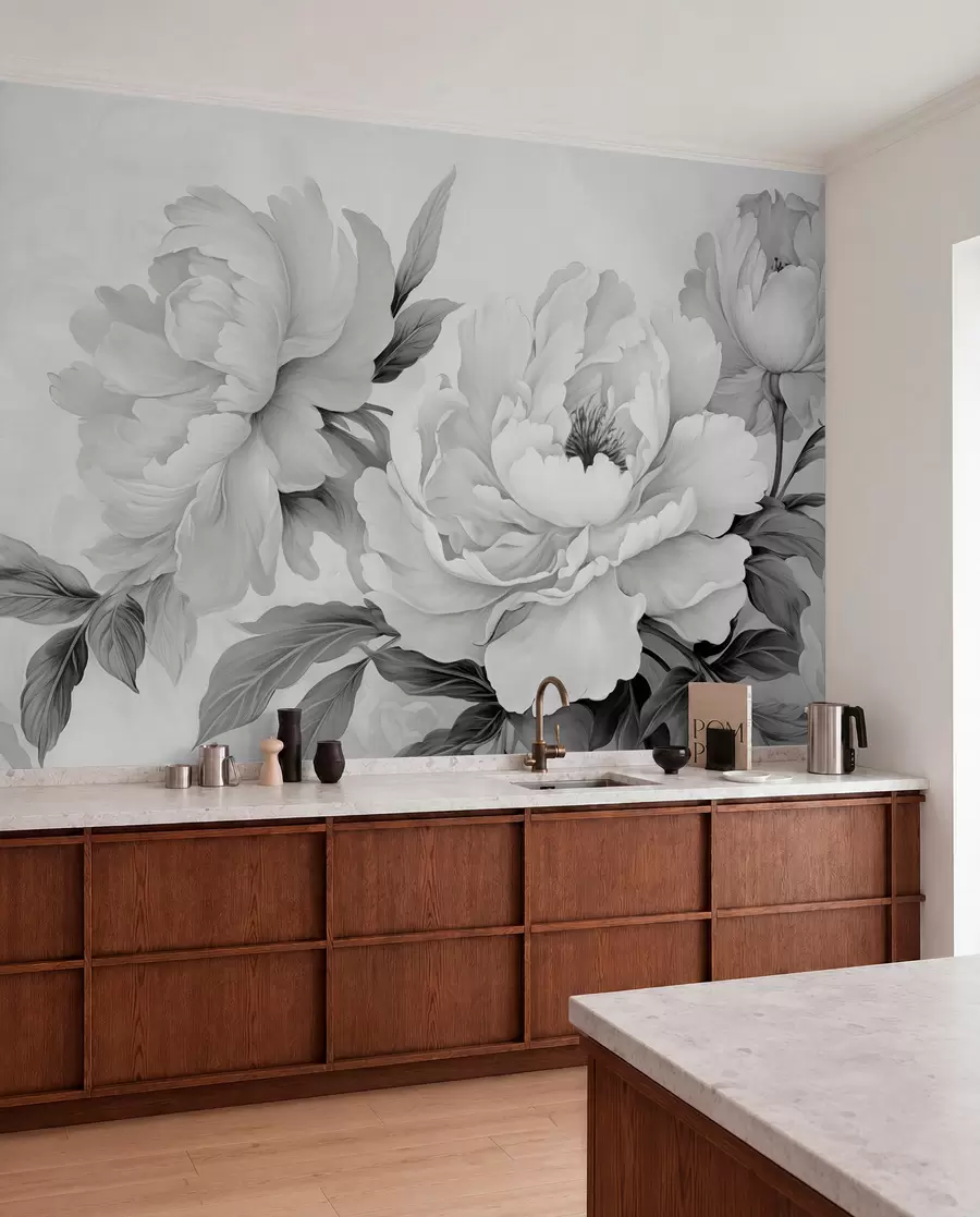 Fototapet Lyxiga pioner i grå nyanser, med fina detaljer i kronblad och blad, som skapar en elegant och lugn atmosfär w02856