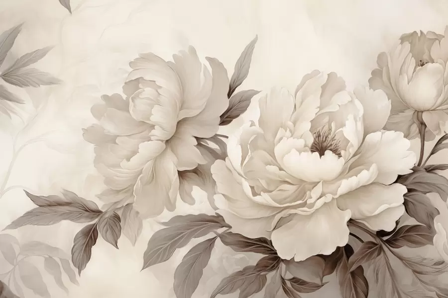 Fototapet Delikata pioner i krämiga beige toner, med raffinerade detaljer i kronblad och blad, vilket skapar en varm och sofistikerad atmosfär w02856v1