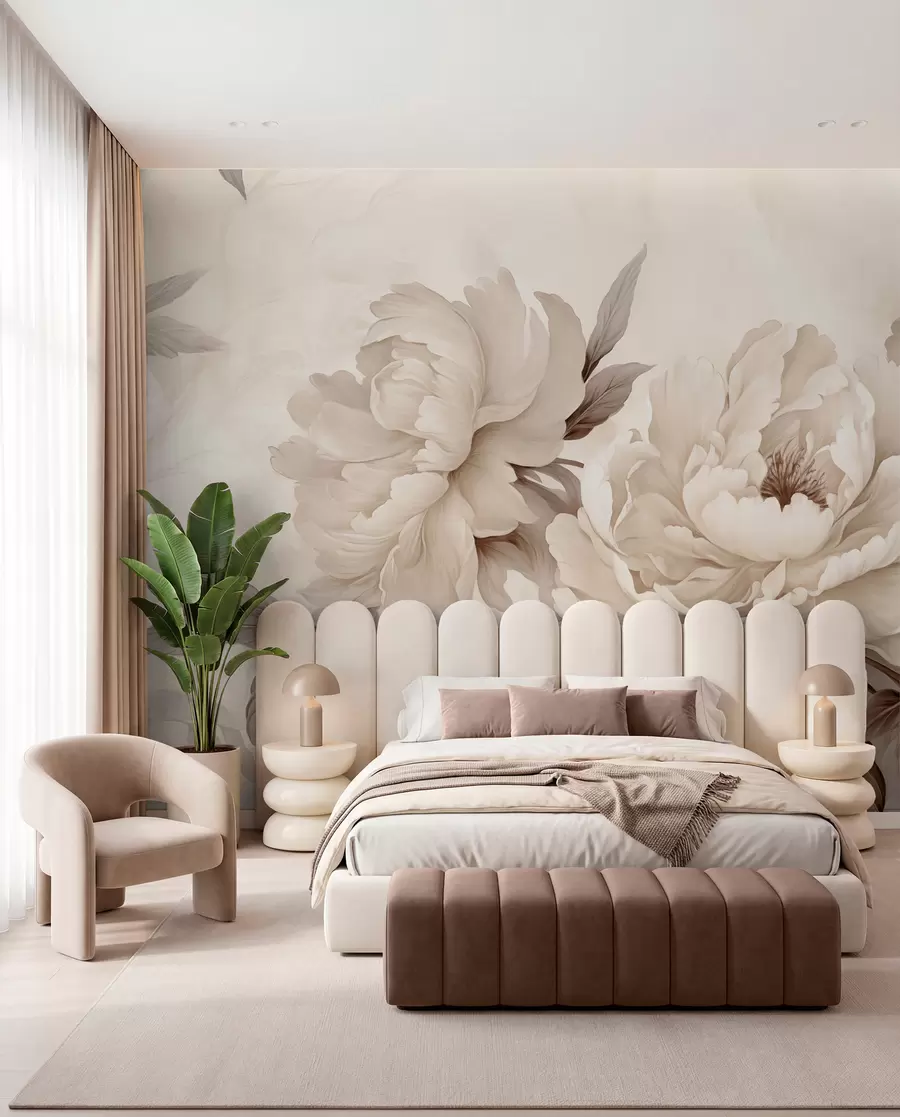 Fototapet Delikata pioner i krämiga beige toner, med raffinerade detaljer i kronblad och blad, vilket skapar en varm och sofistikerad atmosfär w02856v1