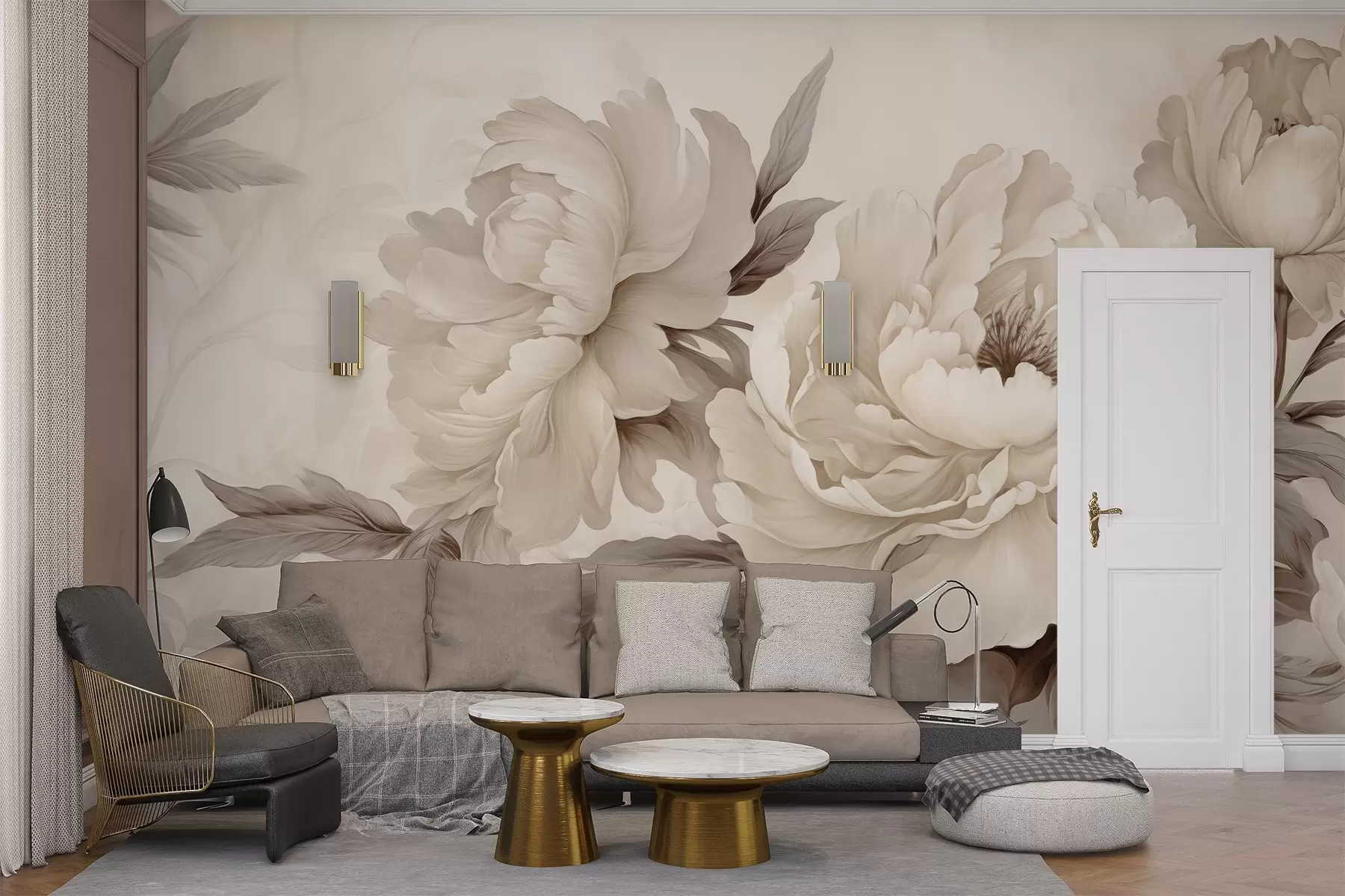Fototapet Delikata pioner i krämiga beige toner, med raffinerade detaljer i kronblad och blad, vilket skapar en varm och sofistikerad atmosfär w02856v1