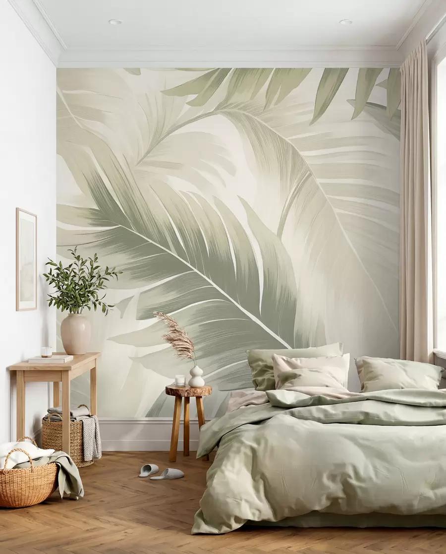 Fototapet Mönster av stora tropiska blad i mjuka gröna och beige nyanser, med mjuka gradienter och fina texturdetaljer w02858