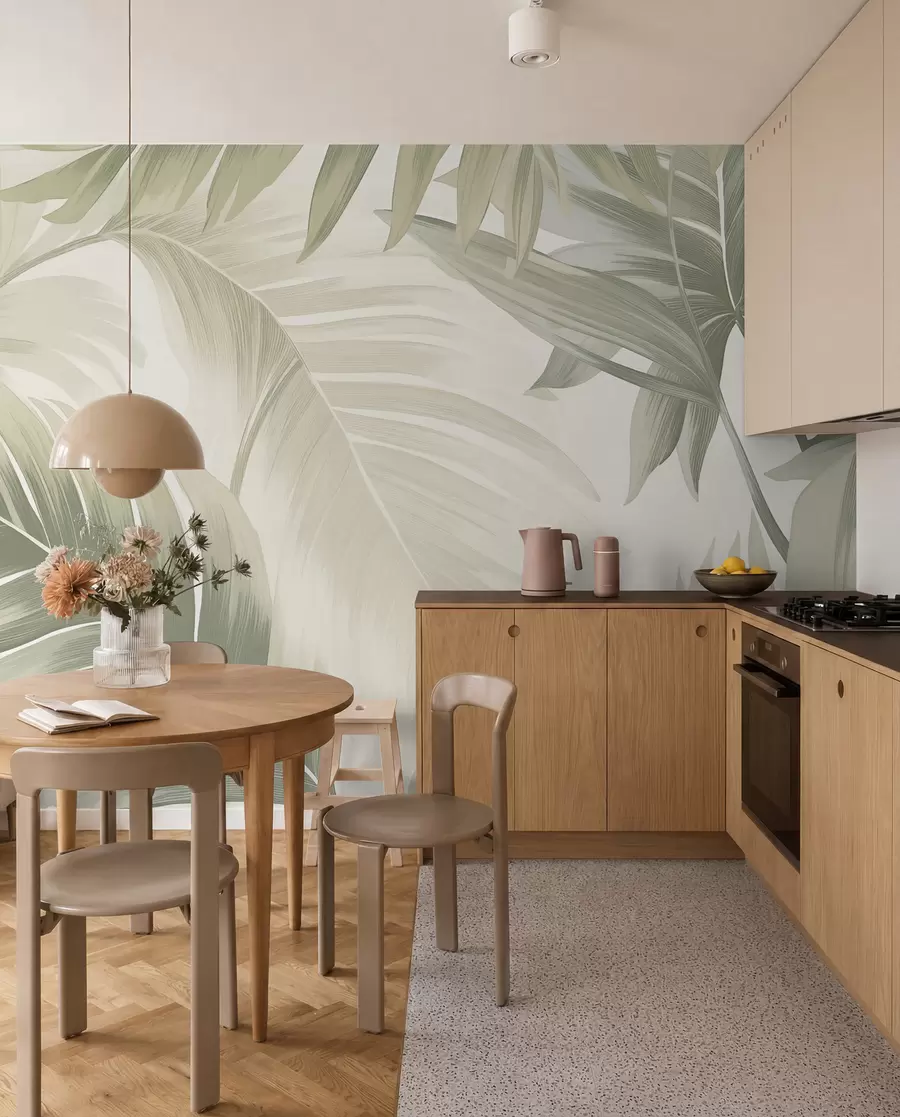 Fototapet Mönster av stora tropiska blad i mjuka gröna och beige nyanser, med mjuka gradienter och fina texturdetaljer w02858