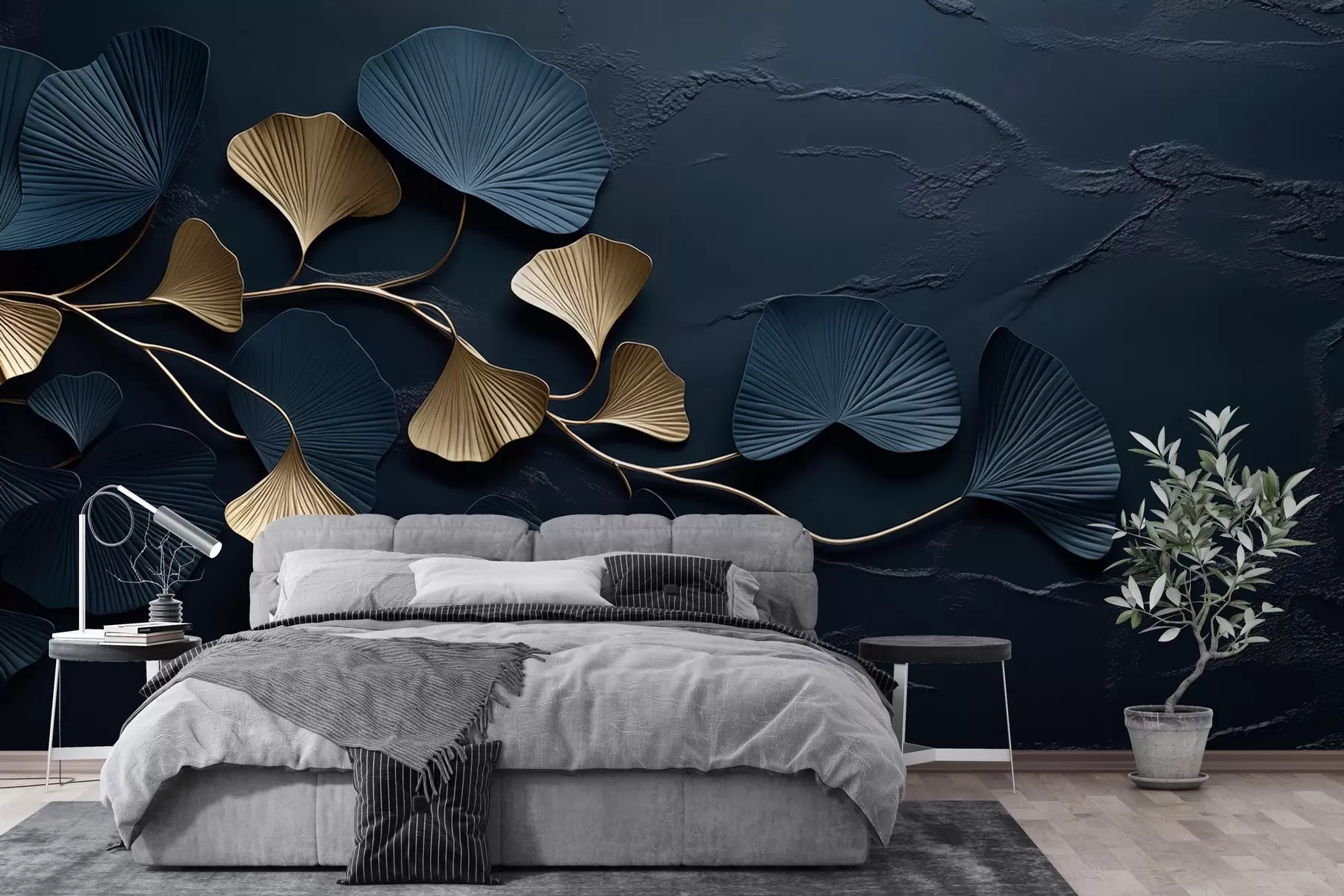 Fototapet Volymetrisk gren med blad på en betongvägg w02841