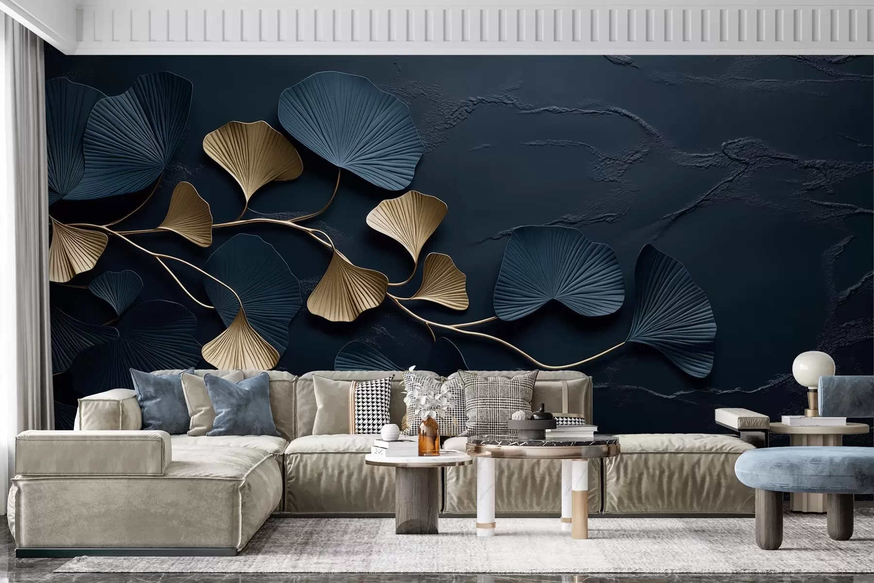 Fototapet Volymetrisk gren med blad på en betongvägg w02841