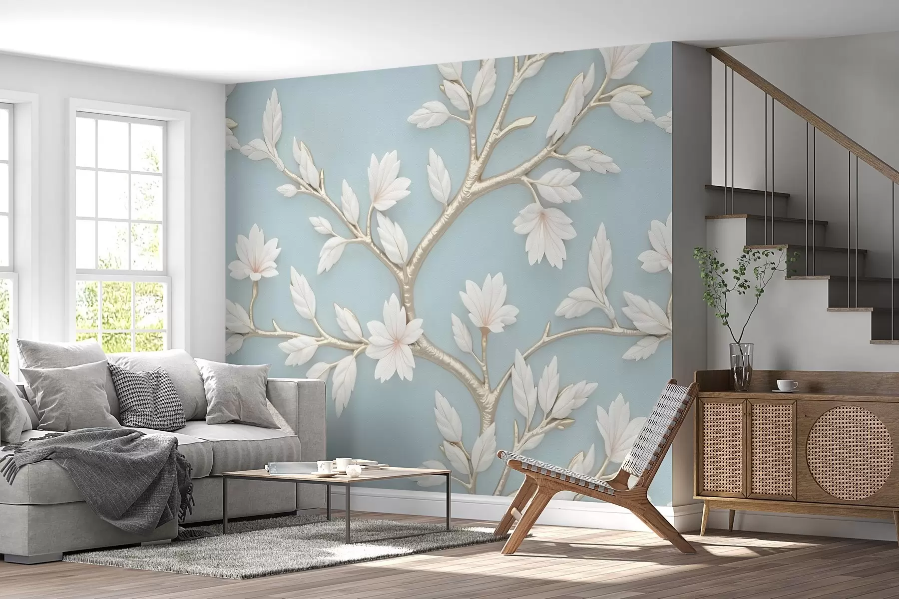 Fototapet En blommande gren är målad i oljestil w02842