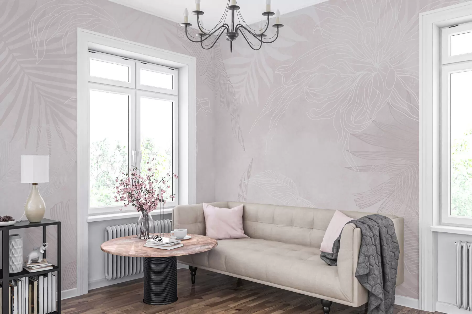 Fototapet Tropiskt bladverk med grungeeffekt och rosa nyans w02737v4