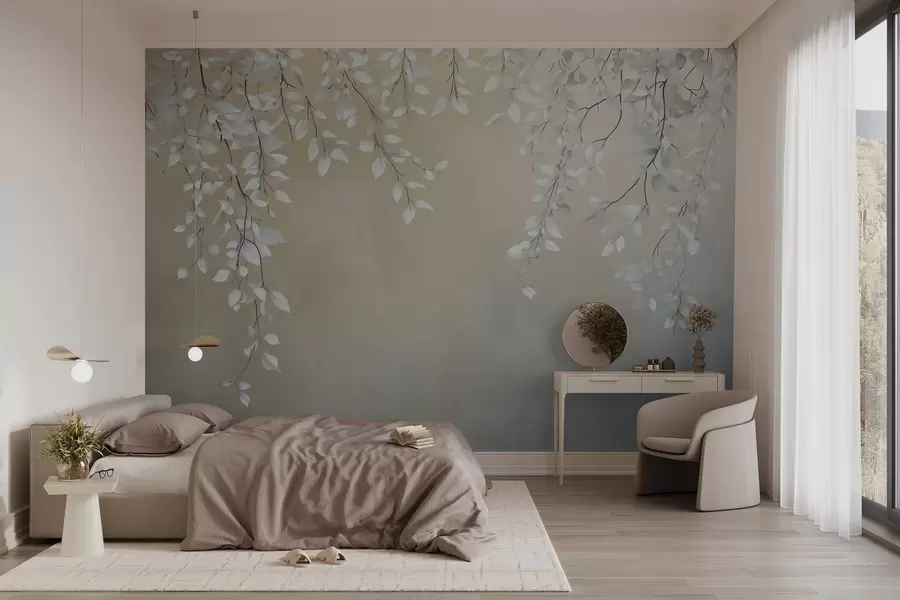 Fototapet Skira grenar med vita blad som hänger ner w02868