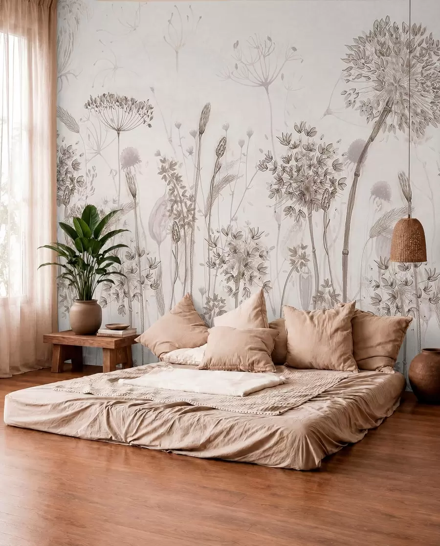 Fototapet Luftiga maskrosor och vildblommor i akvarellstil w08637
