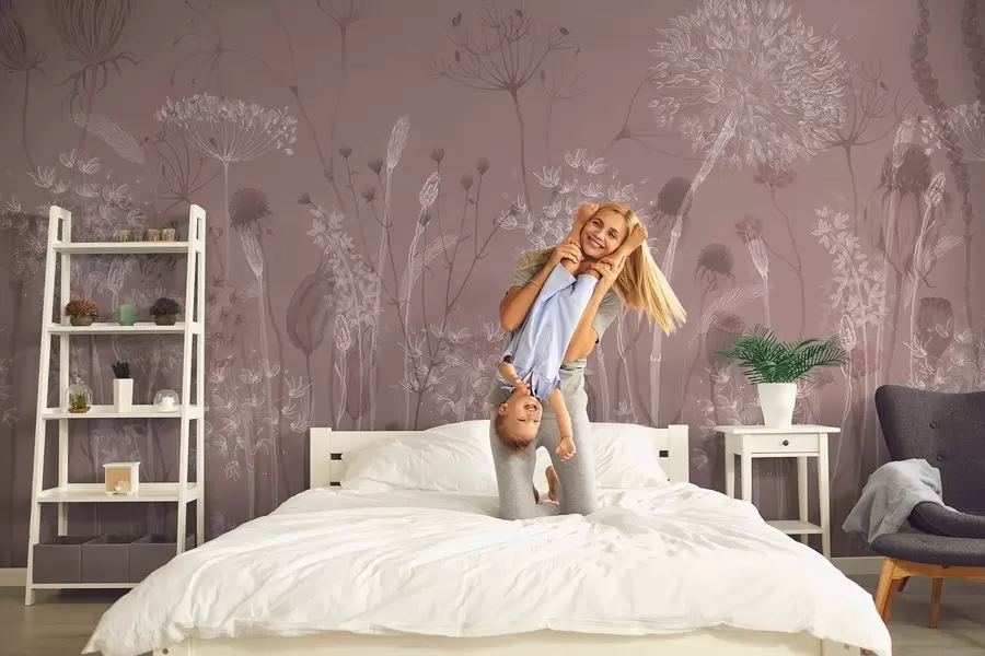 Fototapet Luftiga maskrosor och vildblommor i akvarellstil i rosa toner w08637v1