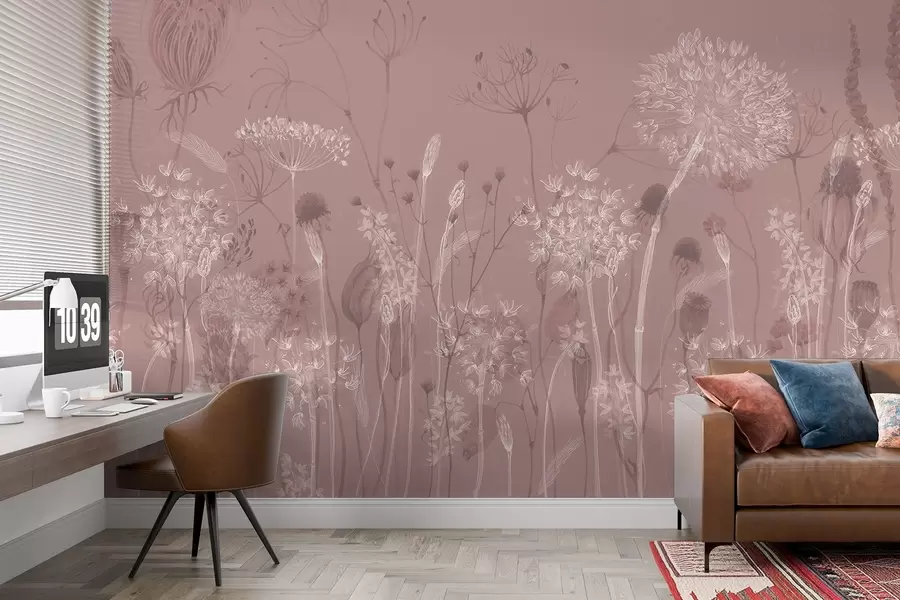 Fototapet Luftiga maskrosor och vildblommor i akvarellstil i rosa toner w08637v1