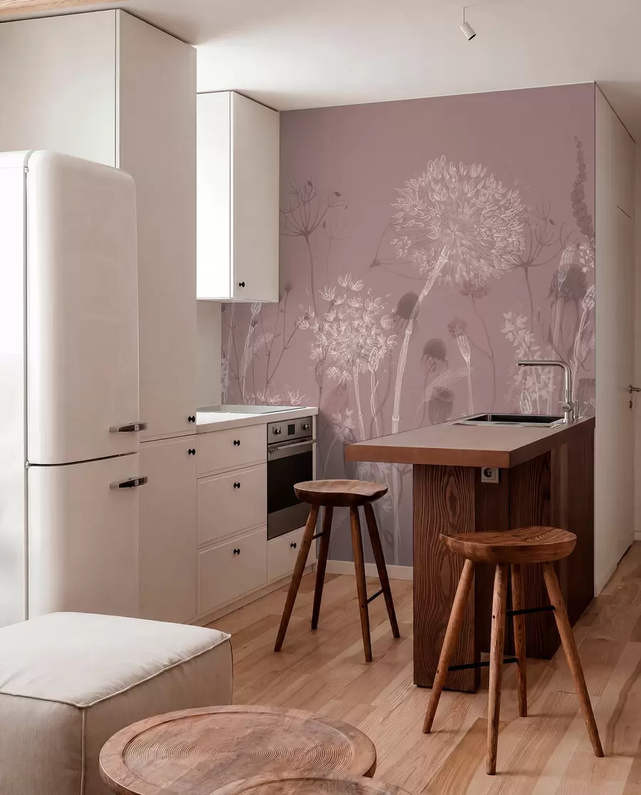 Fototapet Luftiga maskrosor och vildblommor i akvarellstil i rosa toner w08637v1