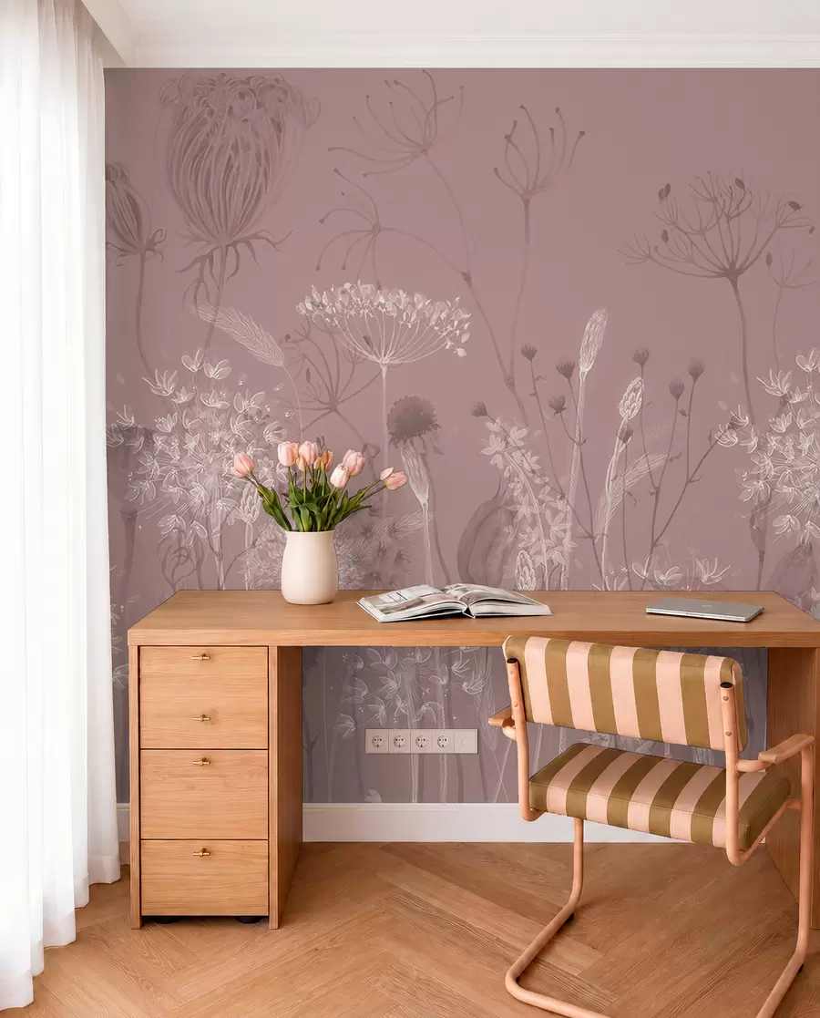 Fototapet Luftiga maskrosor och vildblommor i akvarellstil i rosa toner w08637v1