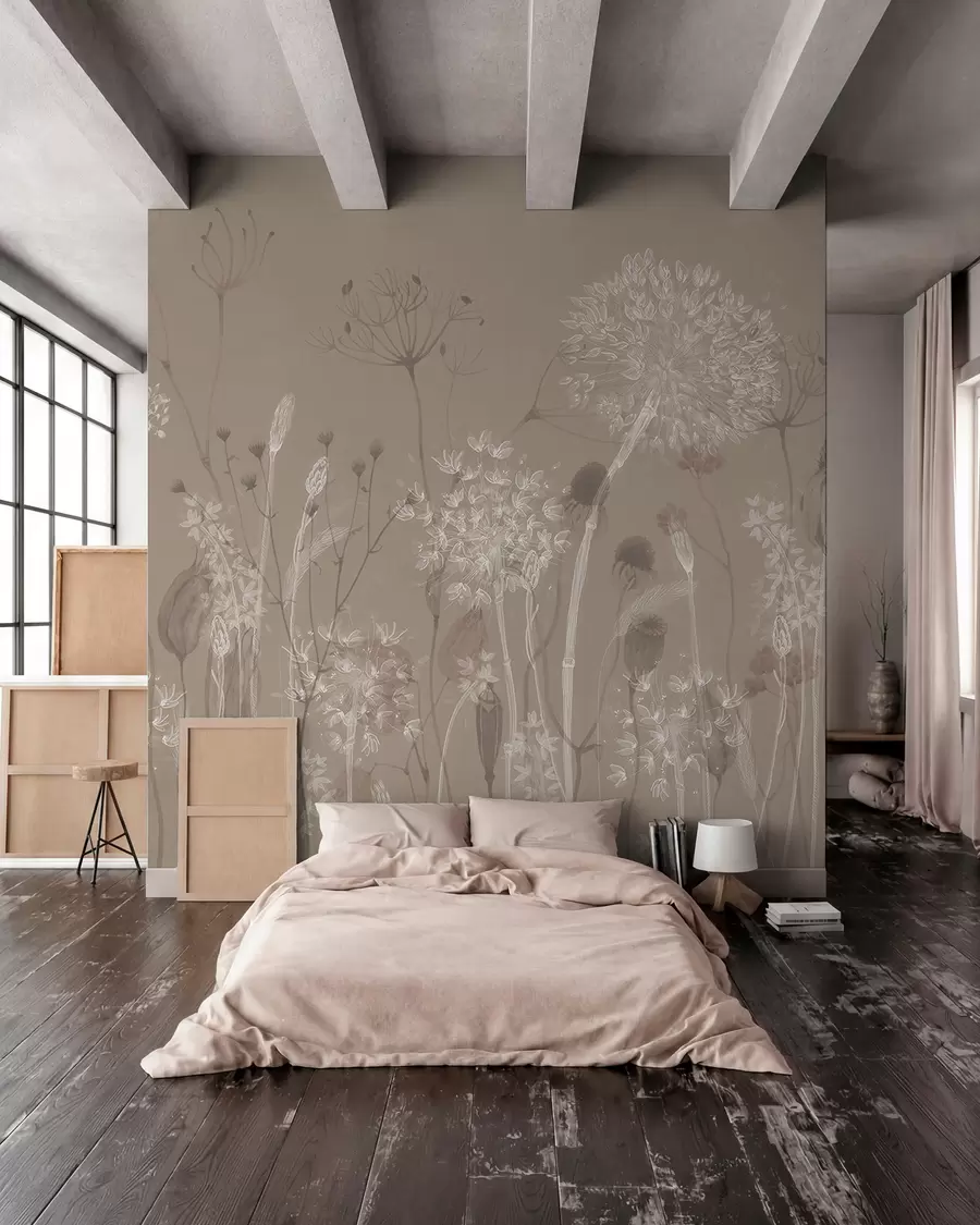 Fototapet Graciöst mönster med skira maskrosor, växter och vildblommor i beige-grå toner w08637v2