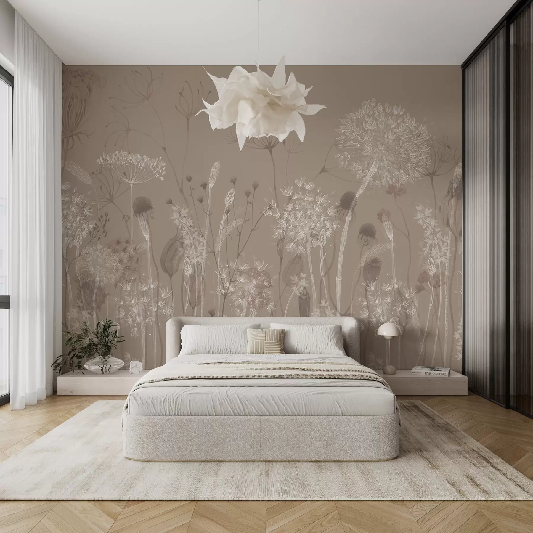 Fototapet Graciöst mönster med skira maskrosor, växter och vildblommor i beige-grå toner w08637v2