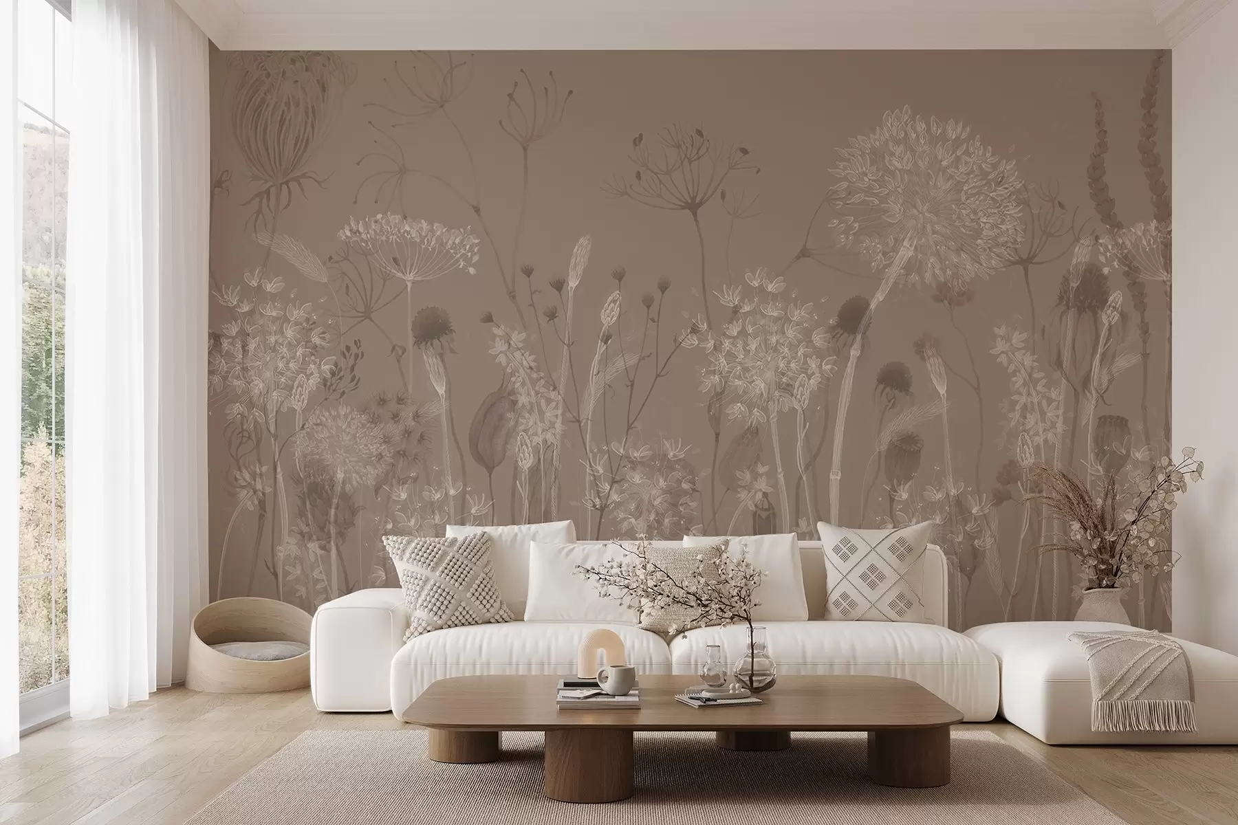 Fototapet Graciöst mönster med skira maskrosor, växter och vildblommor i beige-grå toner w08637v2