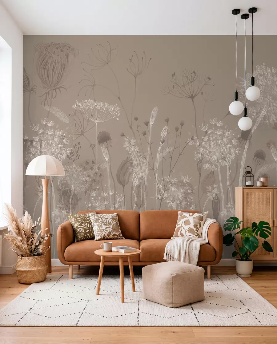 Fototapet Graciöst mönster med skira maskrosor, växter och vildblommor i beige-grå toner w08637v2