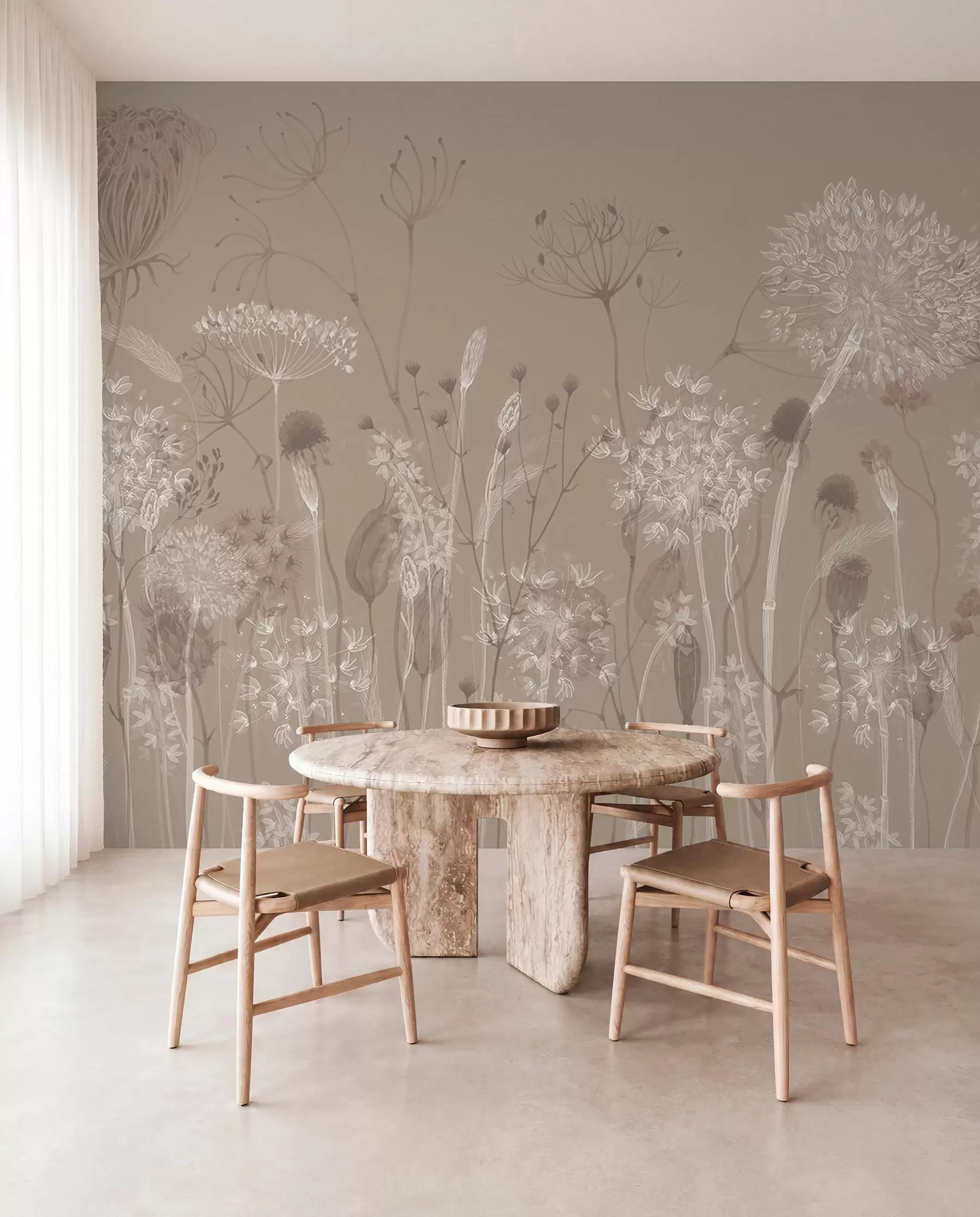 Fototapet Graciöst mönster med skira maskrosor, växter och vildblommor i beige-grå toner w08637v2