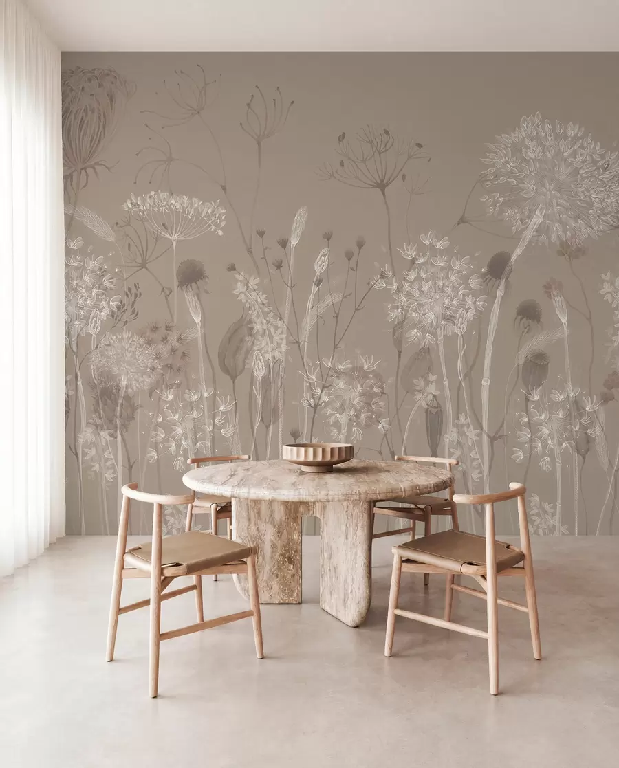 Fototapet Graciöst mönster med skira maskrosor, växter och vildblommor i beige-grå toner w08637v2