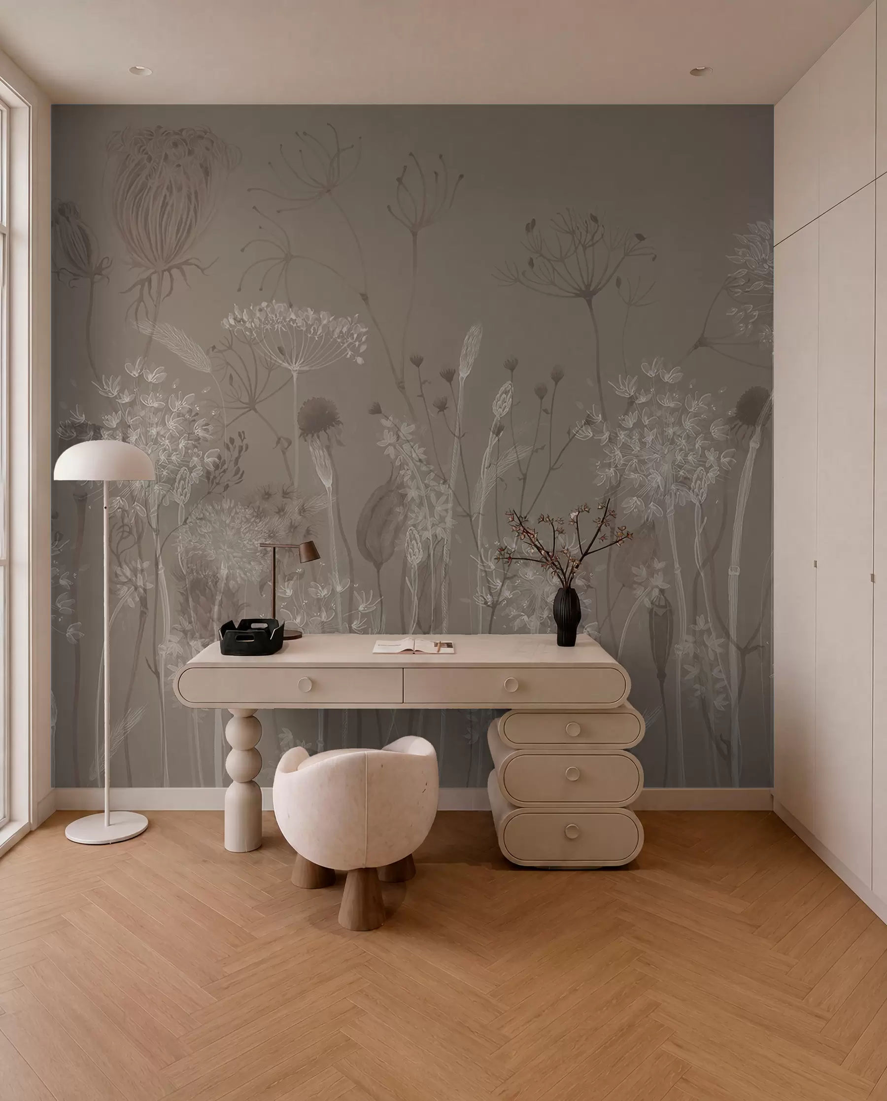 Fototapet Graciöst mönster med skira maskrosor, växter och vildblommor i beige-grå toner w08637v2