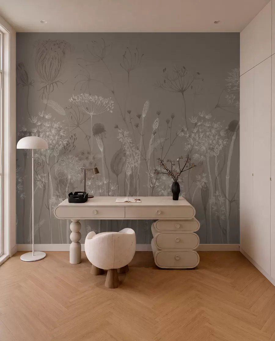 Fototapet Graciöst mönster med skira maskrosor, växter och vildblommor i beige-grå toner w08637v2